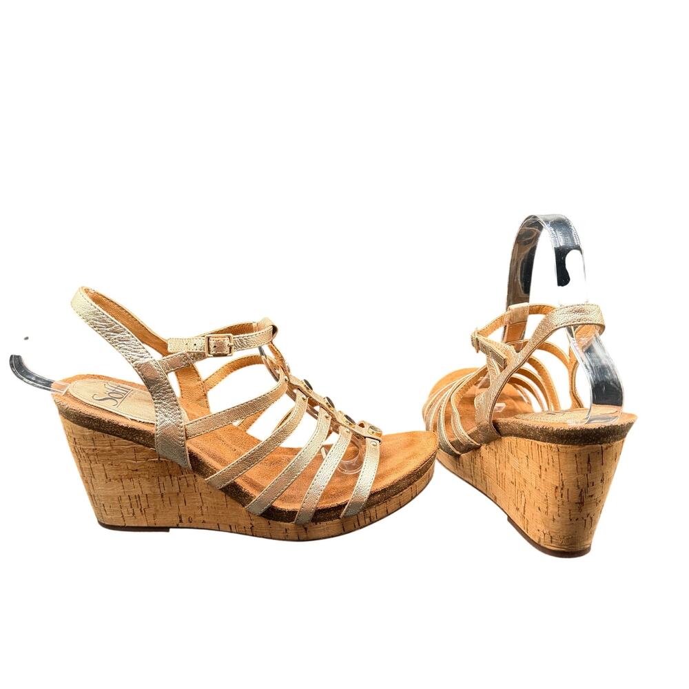 Sofft Gold Leather Gladiator Wedge Sandals Cork Heel Womens 9.5